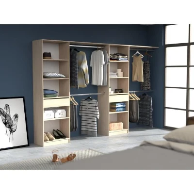 EKIPA Dressing extensible - 2 colonnes avec 2 tiroirs et 10 étageres + 4 penderies - Décor chene - L 320 x P 40 x H 200 cm - DUO