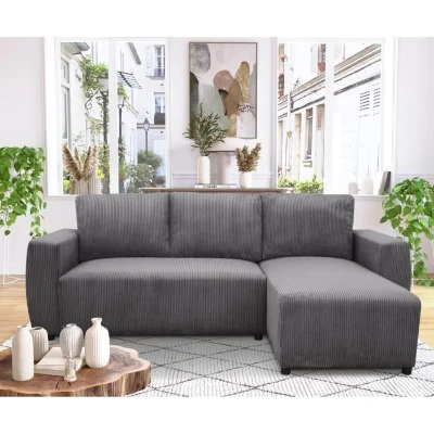 Canapé d'angle convertible réversible 3-4 places PHARELL - velours côtelé Anthracite - Coffre de rangement - L224 x P155 x H85 cm