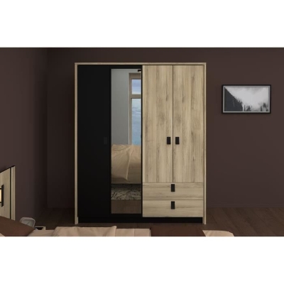 Armoire - Chene / Noir - 4 portes 2 tiroirs - 162 x 52,1 x 199,2 cm - PARISOT