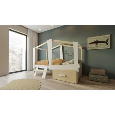DEMEYERE Lit cabane enfant avec grand tiroir - 90 x 200 cm - Décor Blanc mat et chene  - Sommier inlcus