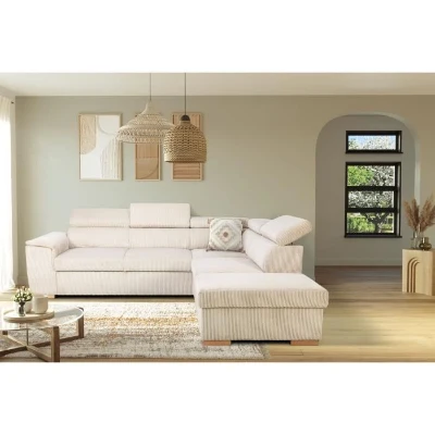 Canapé d'angle convertible réversible 5 places DAYTONA - Velours côtelé beige - Coffre de rangement - L 260 x H 94 x P 216 cm