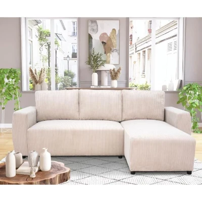 Canapé d'angle convertible réversible 3-4 places PHARELL - Velours côtelé beige - Coffre de rangement - L 230x P 155 x H 95 cm