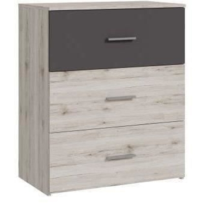 Commode - ADRIA - 3 tiroirs - Chene cendré / Gris uni - L75x P41 x 90 cm