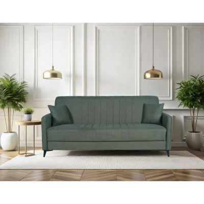 Canapé convertible - 3 places  - ENZO - Tissu vert foncé - 2 coussins - Coffre de rangement -  211 x 92 x 98 cm