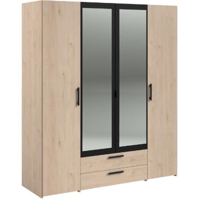 Armoire VARIA - 4 portes battantes + 2 miroirs + 2 tiroirs - Décor chene et noir - L160 x H 185 x P 51.7 cm