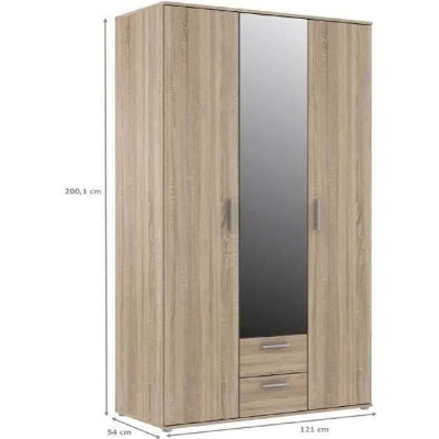 Armoire 3 portes battantes avec 1 miroir + 2 tiroirs - Décor chene Sonoma - L 121 x P 54 x H 200,1 cm - SELKEÄ