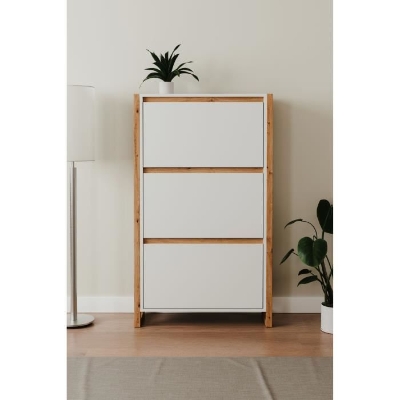 Meuble a chaussures - DENVER 49A - Blanc / Chene - 70 x 25 x 125 cm