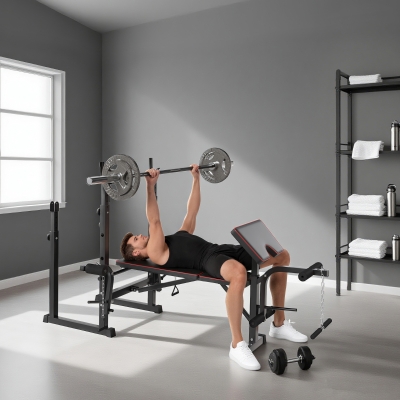 SPORTNOW Banco de Pesas con Soportes para Barra y Respaldo Ajustable para Entrenamiento Completos de Cuerpo Negro