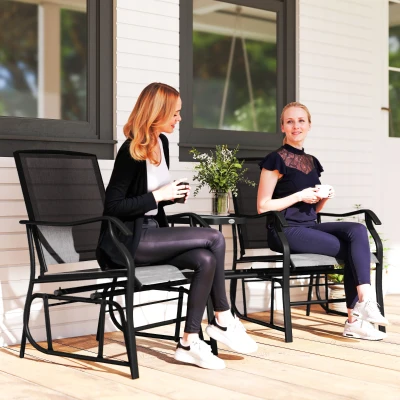 Outsunny Outdoor Garden Double Glider Rocking Chairs, Metal Gliding Loveseat with Middle Table Conversation Set Patio Backyard Relax Outdoor Furniture Black