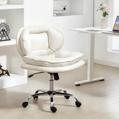 HOMCOM Silla de Oficina Piernas Cruzadas con Asiento Ancho Ruedas Altura Ajustable Doble Acolchado Función Basculante Gris