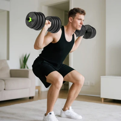 SPORTNOW Juego de Mancuernas Ajustables 30 kg 3 en 1 con Barras de Conexión y Mangos Antideslizantes para Gimnasio en Casa Verde