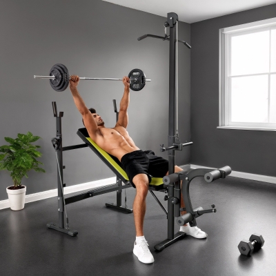 HOMCOM Banco de Pesas Multifuncional Banco de Musculación Reclinable con Altura Ajustable para Fitness Entrenamiento Completo en Gimnasio y Casa Carga 250 kg 175x110x202 cm Negro