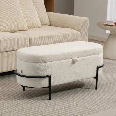 HOMCOM Taburete de Almacenamiento, Taburete con Tapa y Almacenamiento, Patas de Acero, Taburete Acolchado con Forro de Lana, Blanco Crema