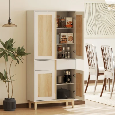 HOMCOM Küchen-Hochschrank, Küchenschrank mit 4 Türen, 2 Schubladen und verstellbaren Regalen, 80x35x170cm, Weiß und Eiche