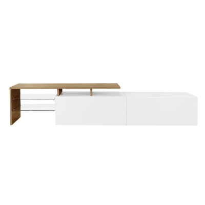 Modern TV Cabinet with Glass Shelves and LED Lighting, White+Wood