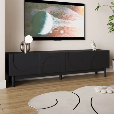 Pure Black TV Cabinet with Curved Doors and Shelves, Black