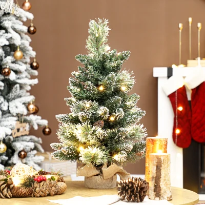 HOMCOM Mini Árbol de Navidad Artificial 60 cm con 35 Luces LED 64 Ramas Densas con Nieve Adornos y Base de Arpillera Verde