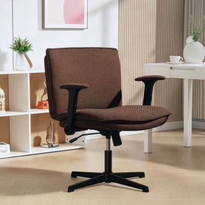 HOMCOM Silla de Oficina Piernas Cruzadas con Reposabrazos Abatible Asiento Ancho sin Ruedas Altura Ajustable Giratoria Marrón