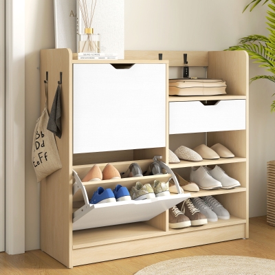 HOMCOM Zapatero Entrada Recibidor con Cajón Estantes Abiertos 4 Ganchos para 14 Pares de Zapatos Natural y Blanco