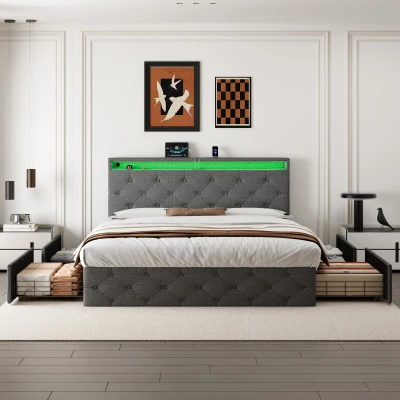 Double Upholstered Bed with Storage Drawers, Grey