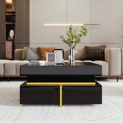 High-Gloss Coffee Table with Gold Accents, Black
