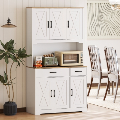 HOMCOM Alacena de Cocina con 6 Puertas Encimera para Microondas 2 Cajones Estantes Ajustables Orificio para Cable Blanco