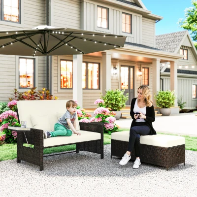 Outsunny Gartensofa mit Liegefunktion, ausfahrbare Fußbank mit Stauraum, Sitzkissen, braun+creme, 130 x 72 x 96 cm