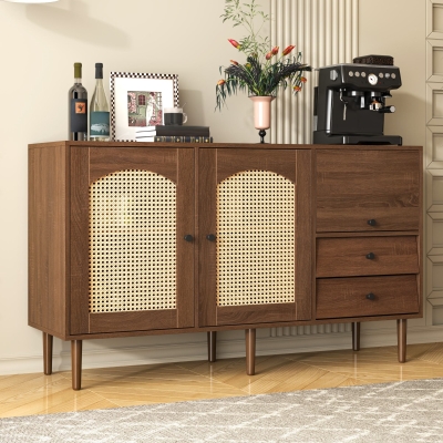 Country-Style Sideboard with Rattan Doors and Adjustable Shelves, Natural