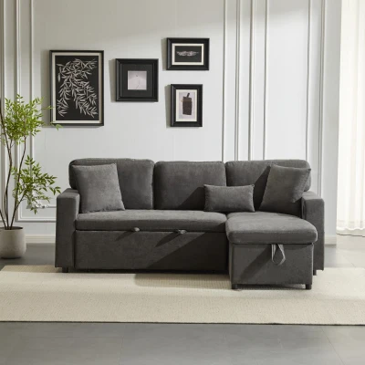 L-Shaped Corner Sofa Bed with Extendable Bed Box, Dark Gray