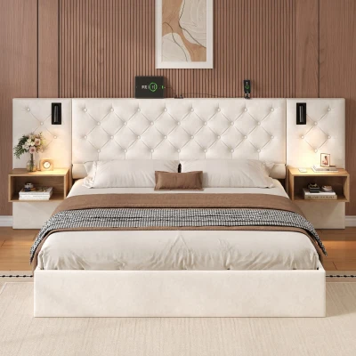 King Bed Frame with Charging Station and Reading Light, Beige