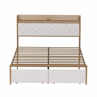 Double Bed Frame with Storage Drawers, Beige+Chrome