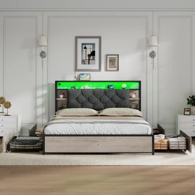 Double Bed Frame with Drawers and RGB LED Lighting, Grey+Rustic Brown
