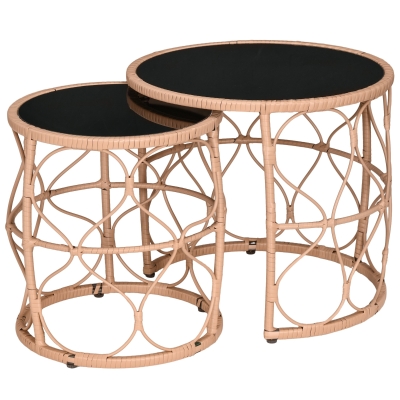 Outsunny 2er-Set Gartentische Outdoor-Beistelltische, Boho-Stil, Indoor. Outdoor, 55 cm x 55 cm x 51 cm, Schwarz + Natur