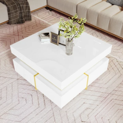High-Gloss Coffee Table with Gold Accents and Drawers, White