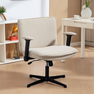 HOMCOM Silla de Oficina Piernas Cruzadas con Reposabrazos Abatible Asiento Ancho sin Ruedas Altura Ajustable Giratoria Crema