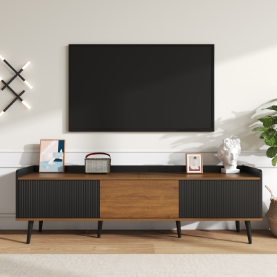 3 Doors TV Cabinet with Raised Edge and Wooden Legs, Black