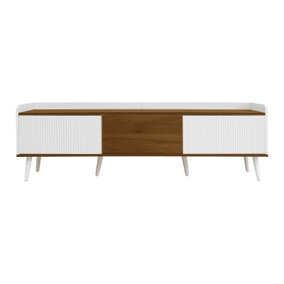3 Doors TV Cabinet with Raised Edge and Wooden Legs, White
