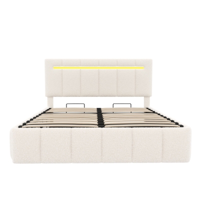 Double Upholstered Bed Frame with Hydraulic Storage and Charging Station, Beige