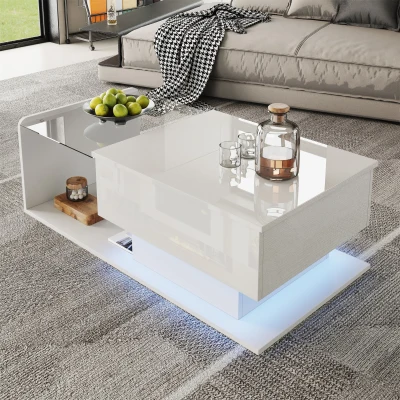 High-Gloss Coffee Table with Adjustable Height and LED Lighting, White