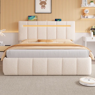 Double Upholstered Bed Frame with Hydraulic Storage and Charging Station, Beige