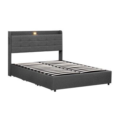King Bed Frame with Hydraulic Storage and LED Night Light, Grey