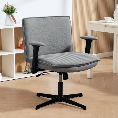 HOMCOM Silla de Oficina Piernas Cruzadas con Reposabrazos Abatible Asiento Ancho sin Ruedas Altura Ajustable Giratoria Gris