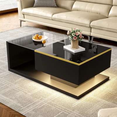 High-Gloss Black Coffee Table with Tempered Glass Top and LED Lighting, Black