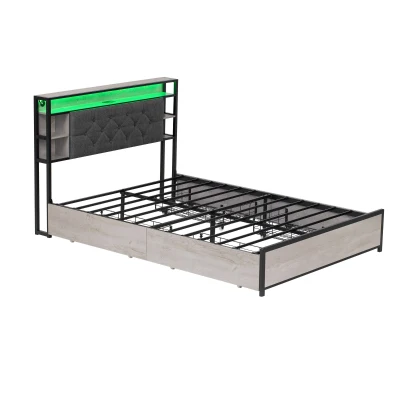 Double Bed Frame with Drawers and RGB LED Lighting, Grey+Rustic Brown