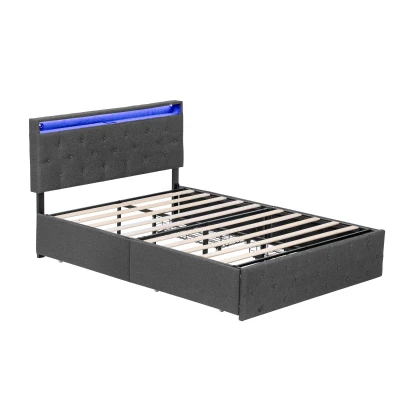 Double Upholstered Bed with Storage Drawers, Grey