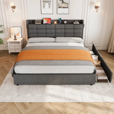 King Bed Frame with Hydraulic Storage and LED Night Light, Grey