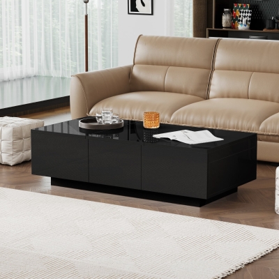 High-Gloss Black Coffee Table with Push-Pull Storage and Double-Sided Drawers, Black