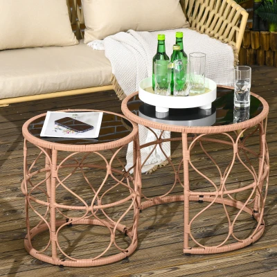 Outsunny 2er-Set Gartentische Outdoor-Beistelltische, Boho-Stil, Indoor. Outdoor, 55 cm x 55 cm x 51 cm, Schwarz + Natur