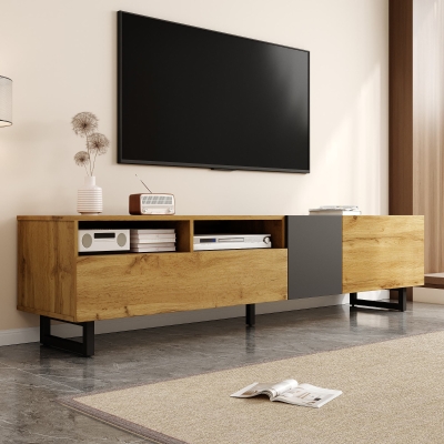Retro TV Cabinet with Three Doors and 2 Compartments, Dark Gray+Natural