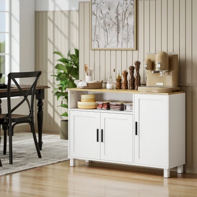 HOMCOM Kommode Küche mit gedämpften Türen, 2 Schränke und offenem Fach aus Holz, 110x33x75 cm, Weiß